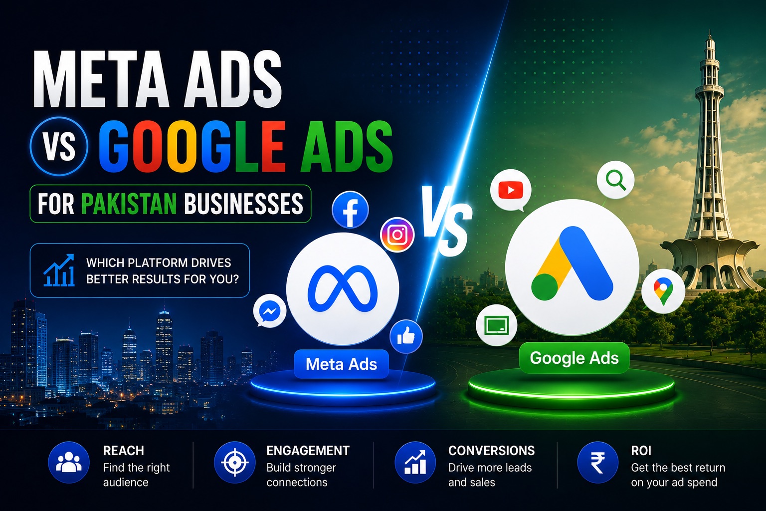Meta Ads vs Google Ads for Pakistani businesses — Facebook and Instagram versus Google Search with PKR budget cards