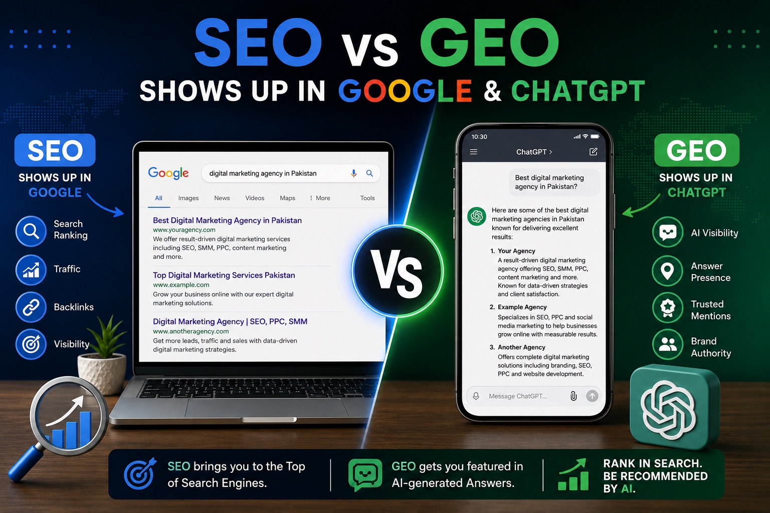 SEO vs GEO comparison — SEO ranks your site in Google while GEO gets your brand cited in ChatGPT AI answers