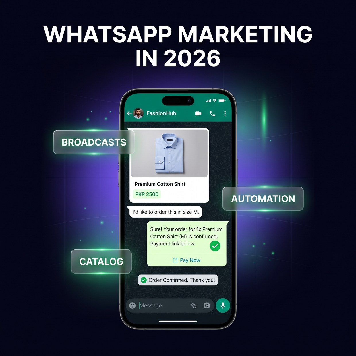 A smartphone showing a WhatsApp Business chat with a product catalog and order confirmation, representing WhatsApp marketing for Pakistani businesses