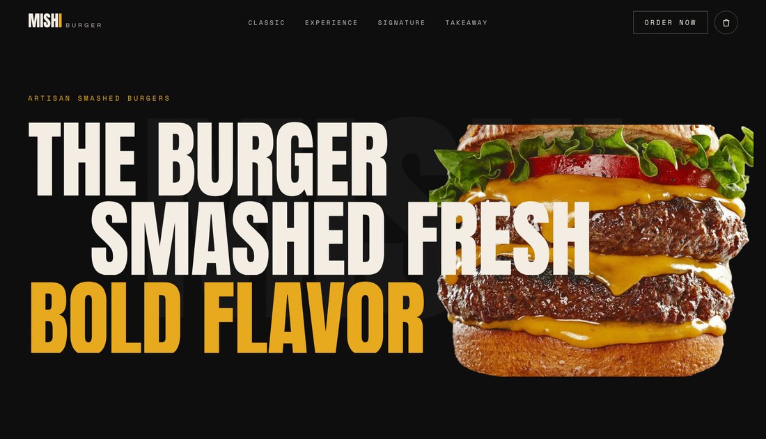 MISHI Burger — smashed-burger fast-food chain website with a bold cinematic hero