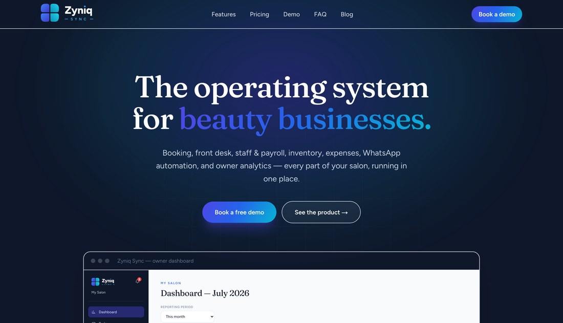 Zyniq Sync — a salon management SaaS platform: booking, staff, payroll, inventory, and owner analytics